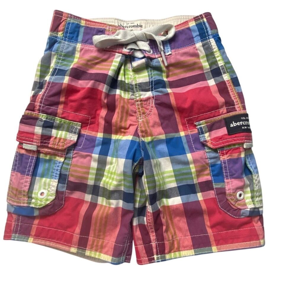 Abercrombie Madras Plaid Cargo 7" Swim Trunks Boys Size Small